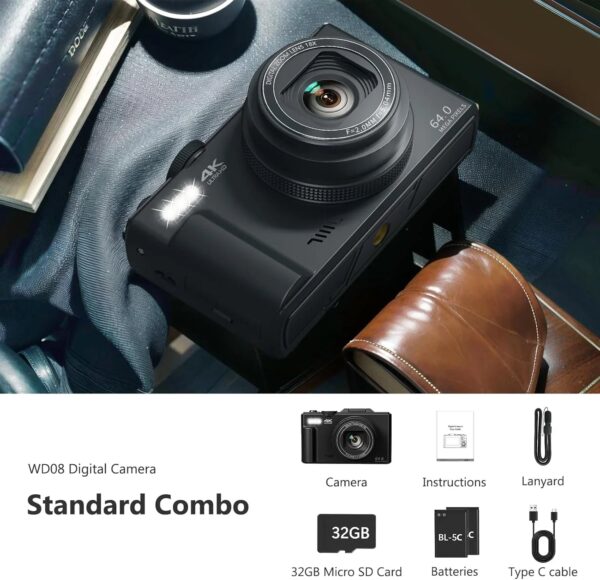 4K Digital Camera for Photography, 64MP Vlogging Camera for YouTube with 3" 180 Flip Screen, 18X Digital Zoom Point and Shoot Camara with 32GB...