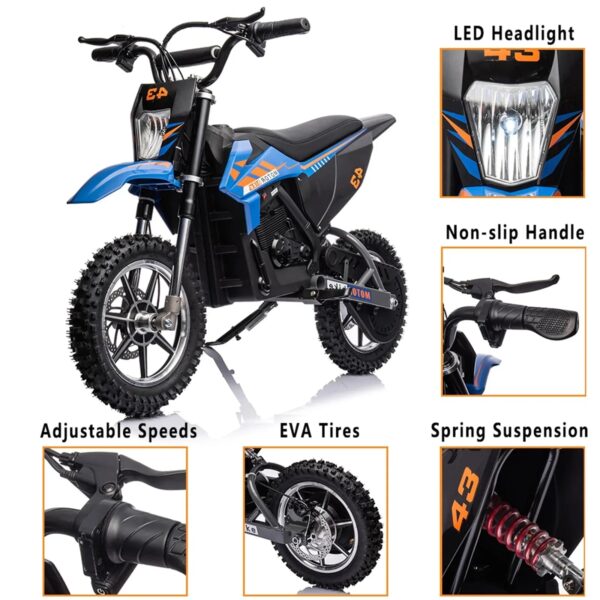 36V Kids Electric Dirt Bike, 36V, 350W, 15.5MPH, LED, 175lbs Max Blue