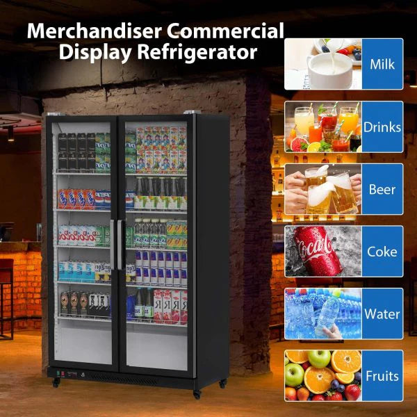 Commercial Refrigerator, Glass Door with LED Lighting Upright Beverage Display Cooler for Home, Store, Gym, or Office, Featuring Double Swing...