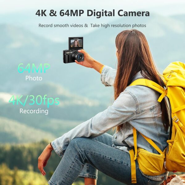 4K Digital Camera for Photography, 64MP Vlogging Camera for YouTube with 3" 180 Flip Screen, 18X Digital Zoom Point and Shoot Camara with 32GB...