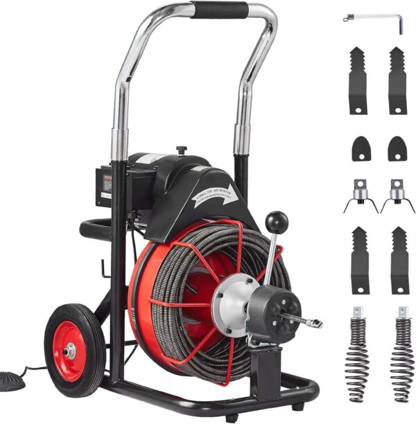 Drain Cleaner Machine 100FT x 1/2 Inch, Auto Feed Sewer Snake Auger on Wheels, 550W Portable Drain Cleaning Machine with 8 Cutters & Air-activated...