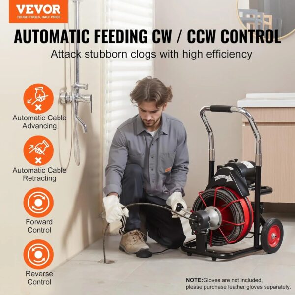 Drain Cleaner Machine 100FT x 1/2 Inch, Auto Feed Sewer Snake Auger on Wheels, 550W Portable Drain Cleaning Machine with 8 Cutters & Air-activated...