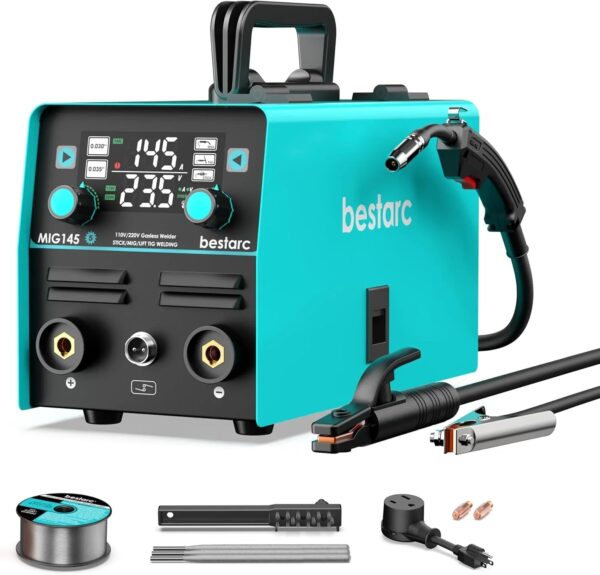 145A MIG Welder, 110V/220V Dual Voltage Gas/Gasless Flux Core MIG Welder/Lift TIG/Stick 3 in 1 Synergic MIG145 9GEN Welding Machine, Flux/Solid...