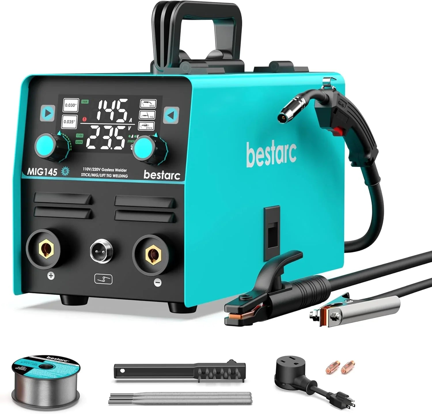 145A MIG Welder, 110V/220V Dual Voltage Gas/Gasless Flux Core MIG Welder/Lift TIG/Stick 3 in 1 Synergic MIG145 9GEN Welding Machine, Flux/Solid...