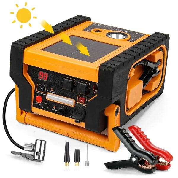 2000A Car Jump Starter with Air Compressor, 5W Solar Panel Portable Power Station, Tire Inflator 260PSI, Car Battery Charger with Inverter Dual...