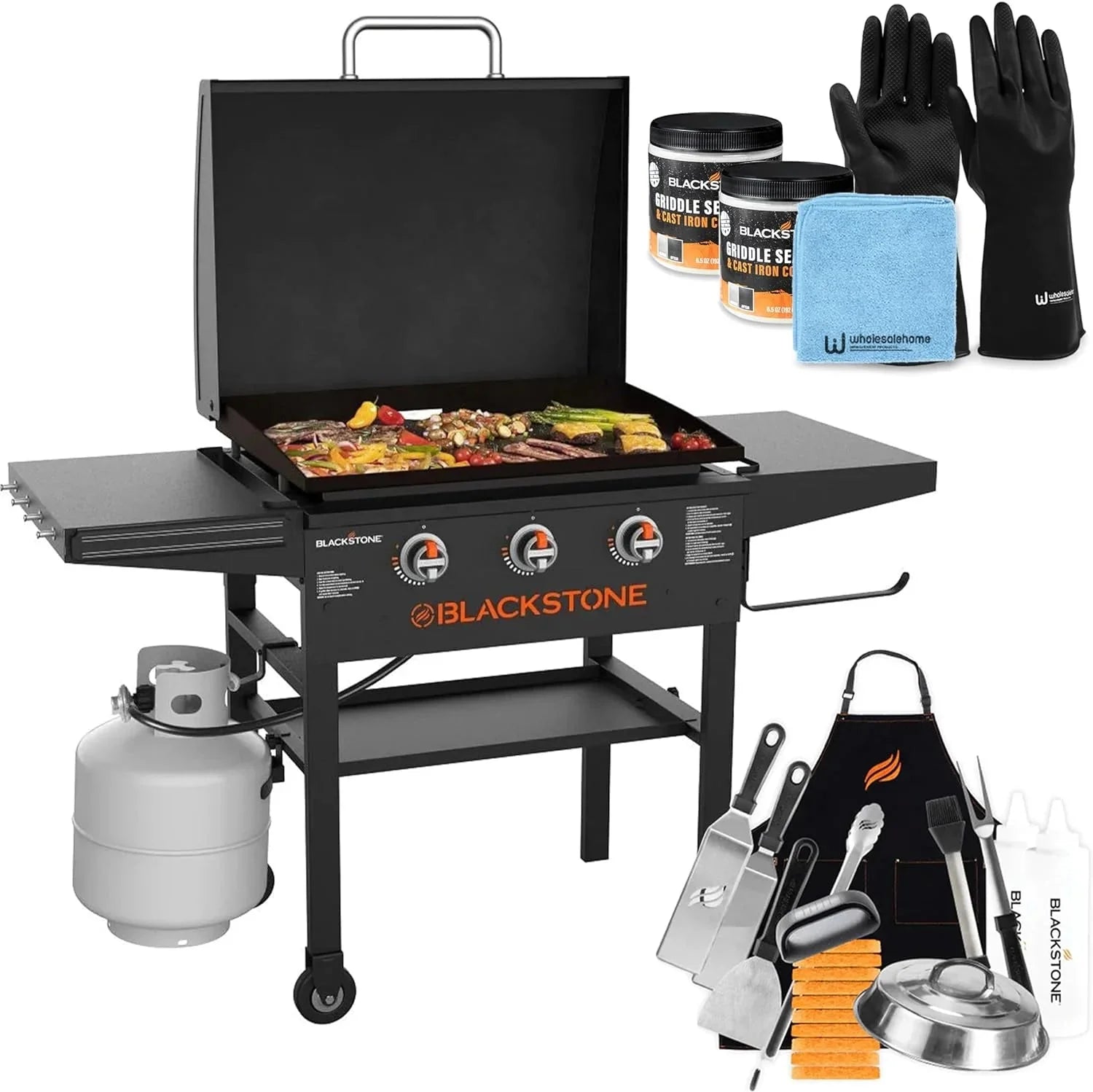 5c02a8ea6dc3a3a12579cbe539adde0e7bb07dee2cf6b4f24395b8104ff1d68e 28 Inch Blackstone Griddle 2080 with Hood XL Griddle Original 3-Burner Outdoor Flat Top Grill, with Blackstone Griddle Accessories, Seasoning, and...