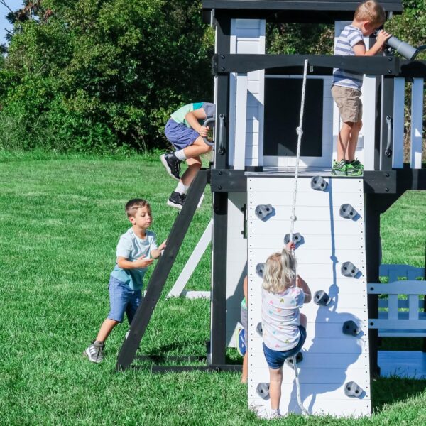 Backyard Discovery Canyon Creek Cedar Wood Swing Set with Wave Slide, Clubhouse, Play Kitchen, Picnic Area, Belt Swings, Web Swing, Rock Wall,...