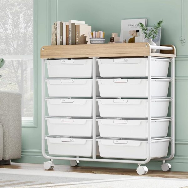Rolling Storage Cart with 10 Large Drawers, Utility Cart with Wooden TableTop for Craft Organizers, Art Supply Storage, Home Office Organization,...