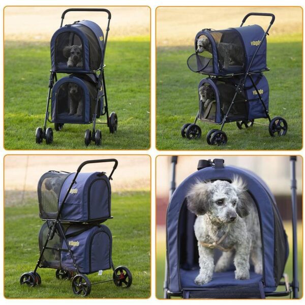 42 Double Pet Stroller for 2 Dogs & Cats,4 Wheels Dog Strollers Folding Travel Cat Stroller with Suspension System,Navy Blue