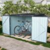 5-foot outdoor steel bicycle storage shed with a sloping roof and 4 bicycle tracks. Bicycle storage shed, black version.