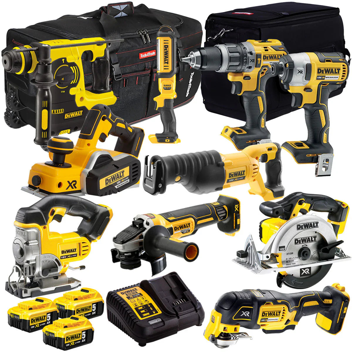 601eae16a36611e068f3db0a404c284014dc71e3fe4069595b22763588080f9f DeWalt DCK10BTSKIT1 18V 10 Piece Power Tool Kit with 3 x 5.0Ah Battery & Charger
