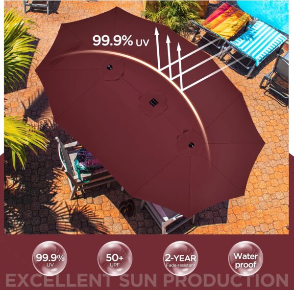 15 ft Large Patio Umbrella with Solar Lights Double-Sided Outdoor Rectangle Market Umbrellas with 36 LED Lights/Base Included/Easy Crank for Patio...
