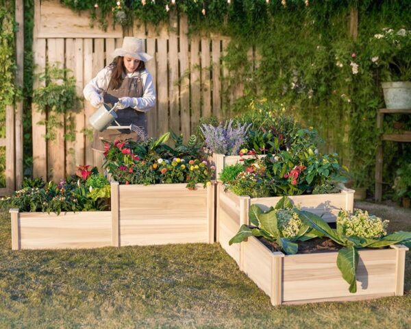 Garden Bed Outdoor Gardening, 28 Inch Depth 3-Tier Wood Planter Box with Cedar Leg, Baseboard, Leakage Hole,Easy Assembled, Ideal for Vegetables,...