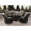 Orleans 5-Piece Steel Patio Fire Pit Conversation Set with Navy Blue Cushions, Swivel Gliders and Square Fire Pit Table