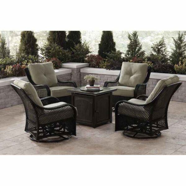 Orleans 5-Piece Steel Patio Fire Pit Conversation Set with Navy Blue Cushions, Swivel Gliders and Square Fire Pit Table