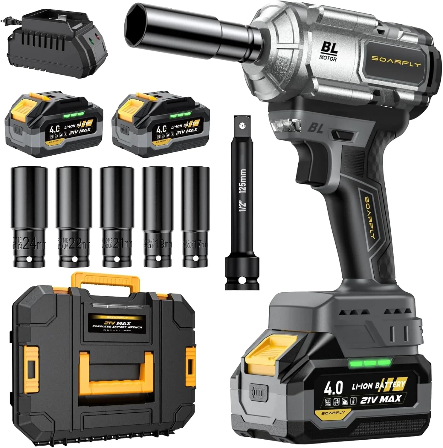 Cordless Impact Wrench, 1200Nm(900ft-lbs) High Torque 1/2'' Impact Wrench, 21V Brushless Electric Impact Gun with 2Pcs 4.0Ah Batteries, 1 Hour...