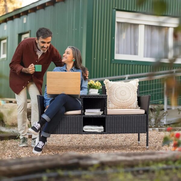 Flamaker Outdoor Furniture Patio Loveseat Wicker 2-Seat with Built-in Table and Cushions Rattan Porch Chairs Bench for Balcony, Lawn, Backyard (Beige)