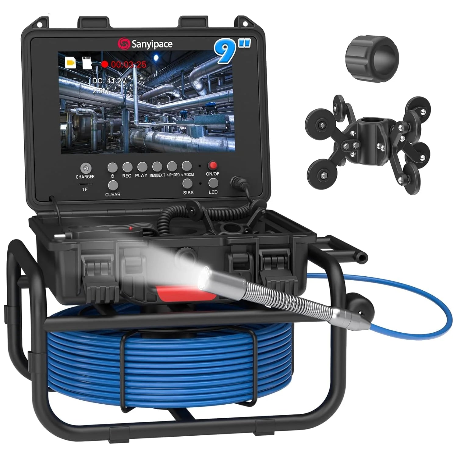 100 feet / 30 meters, 23 mm / 0.9 inches full HD sewer inspection camera, 5x zoom, distance counter, 9-inch IPS screen, digital video recorder and...