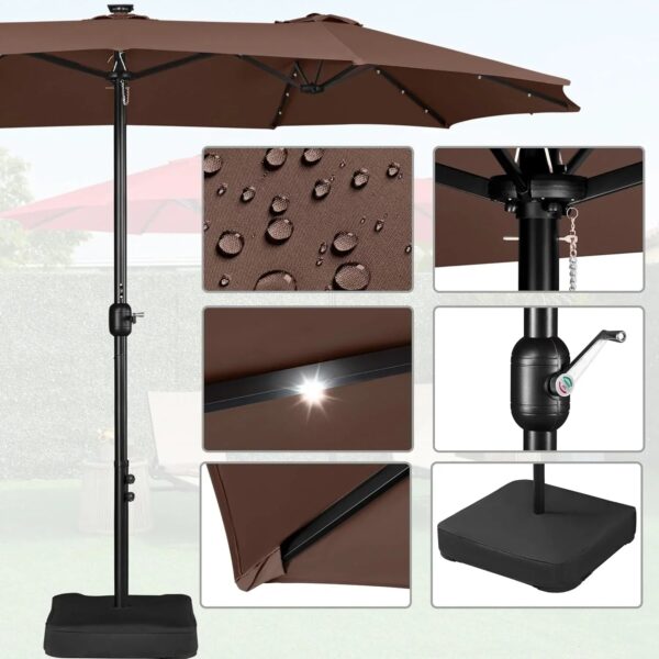 15 ft Large Patio Umbrella with Solar Lights Double-Sided Outdoor Rectangle Market Umbrellas with 36 LED Lights/Base Included/Easy Crank for Patio...