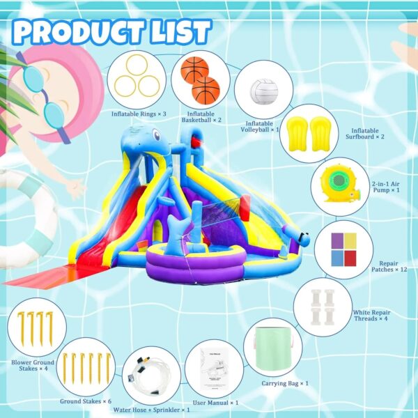 11-in-1 Inflatable Water Slide & Dolphin Bounce House w/2 Long Slides, 19.7 Ft x 13.1 Ft Extra Large Waterslide Climbing Wall w/Small Deeper...