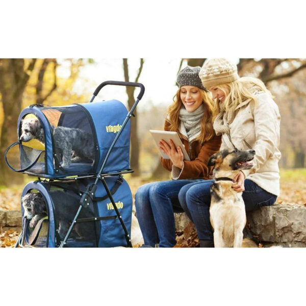 42 Double Pet Stroller for 2 Dogs & Cats,4 Wheels Dog Strollers Folding Travel Cat Stroller with Suspension System,Navy Blue
