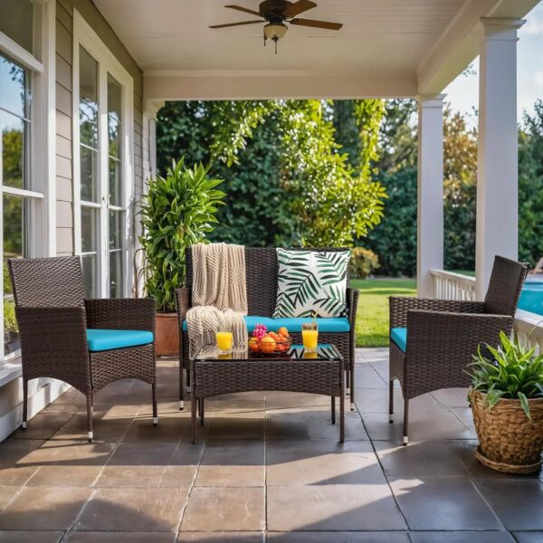 4 Pieces Patio Rattan Chair Wicker, Outdoor Indoor Use Backyard Porch Garden Poolside Balcony Furniture Sets (Red)