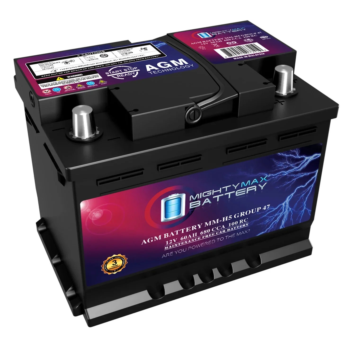 6cf89792ac7405314a804569323d12d14337bddeece38c5e5f40bbf1cf7bea84 MM-H5 Start and Stop Car BCI Group Size 47 12V 60 AH, 100RC, 680 CCA Rechargeable AGM Car battery