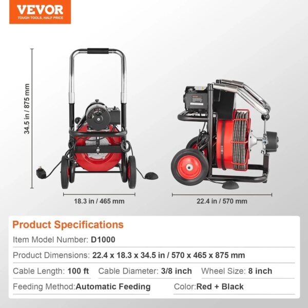 Drain Cleaner Machine 100FT x 1/2 Inch, Auto Feed Sewer Snake Auger on Wheels, 550W Portable Drain Cleaning Machine with 8 Cutters & Air-activated...