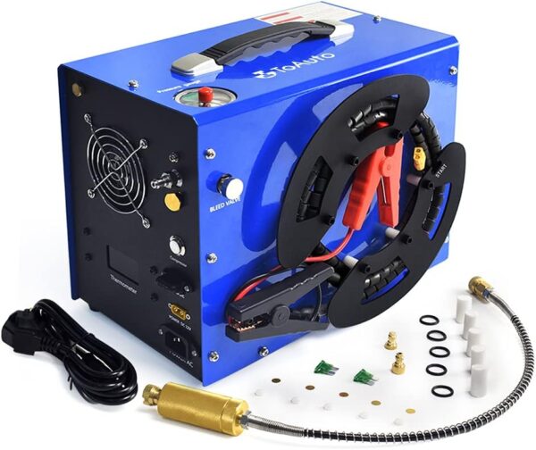 Portable air compressor, unique vertical + reel-type portable design, automatic stop function, oil-free and water-free, pressure of 4500 pounds...