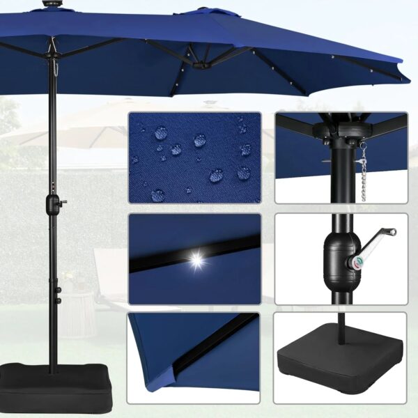 15 ft Large Patio Umbrella with Solar Lights Double-Sided Outdoor Rectangle Market Umbrellas with 36 LED Lights/Base Included/Easy Crank for Patio...