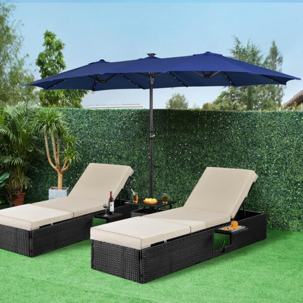 15 ft Large Patio Umbrella with Solar Lights Double-Sided Outdoor Rectangle Market Umbrellas with 36 LED Lights/Base Included/Easy Crank for Patio...