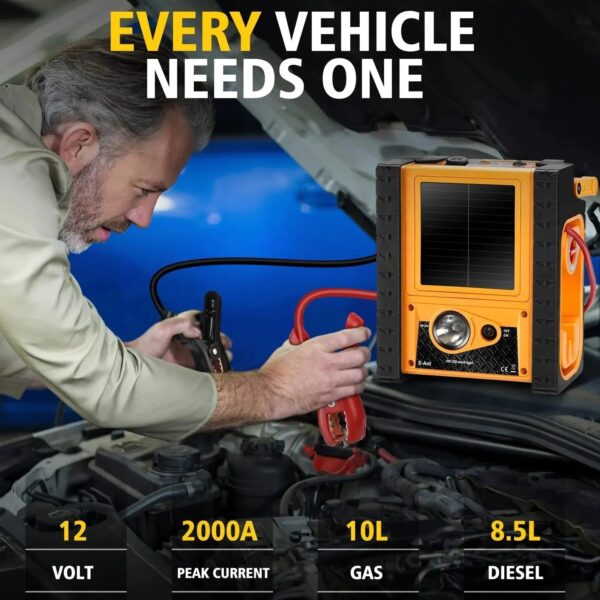 2000A Car Jump Starter with Air Compressor, 5W Solar Panel Portable Power Station, Tire Inflator 260PSI, Car Battery Charger with Inverter Dual...