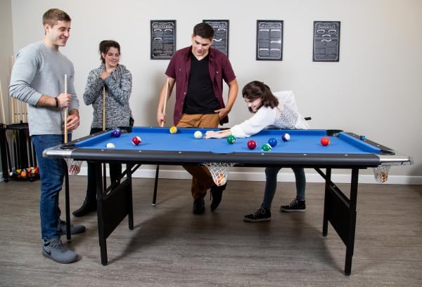 6 Ft Portable Pool Table, Adults Folding Billiards Tables for Game Room with Easy Foldable Storage, Includes Full Set of Billiard Balls, Cues,...