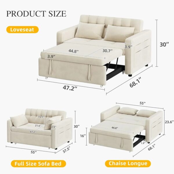 DWVO 3-in-1 Convertible Sofa Bed, 55" Sleeper Sofa with Pull-Out Bed, Cat-Scratch-Proof Fabric Futon Couch with Adjustable Backrest and Side...