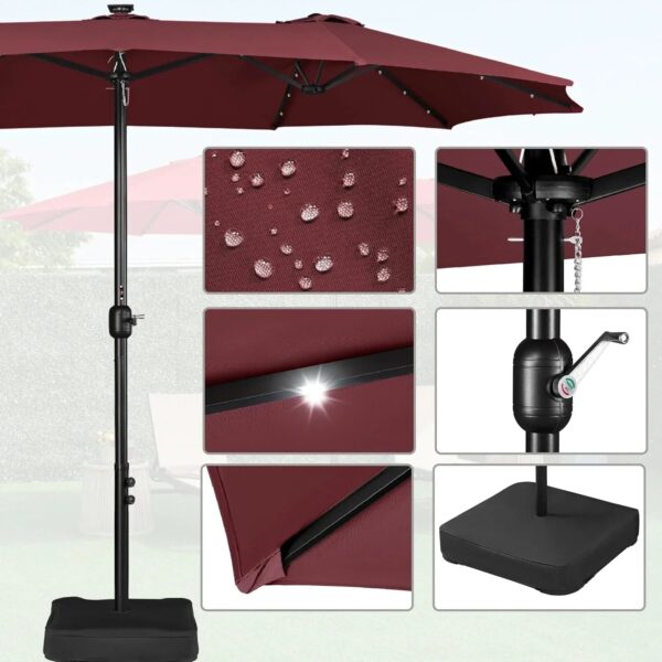 15 ft Large Patio Umbrella with Solar Lights Double-Sided Outdoor Rectangle Market Umbrellas with 36 LED Lights/Base Included/Easy Crank for Patio...