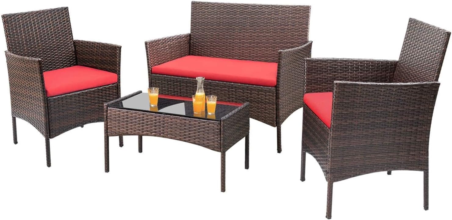 71c29e704ed53abad89a9968013f2d476edb5d5082f931a9521ba5979cc2d3f4 4 Pieces Patio Rattan Chair Wicker, Outdoor Indoor Use Backyard Porch Garden Poolside Balcony Furniture Sets (Red)