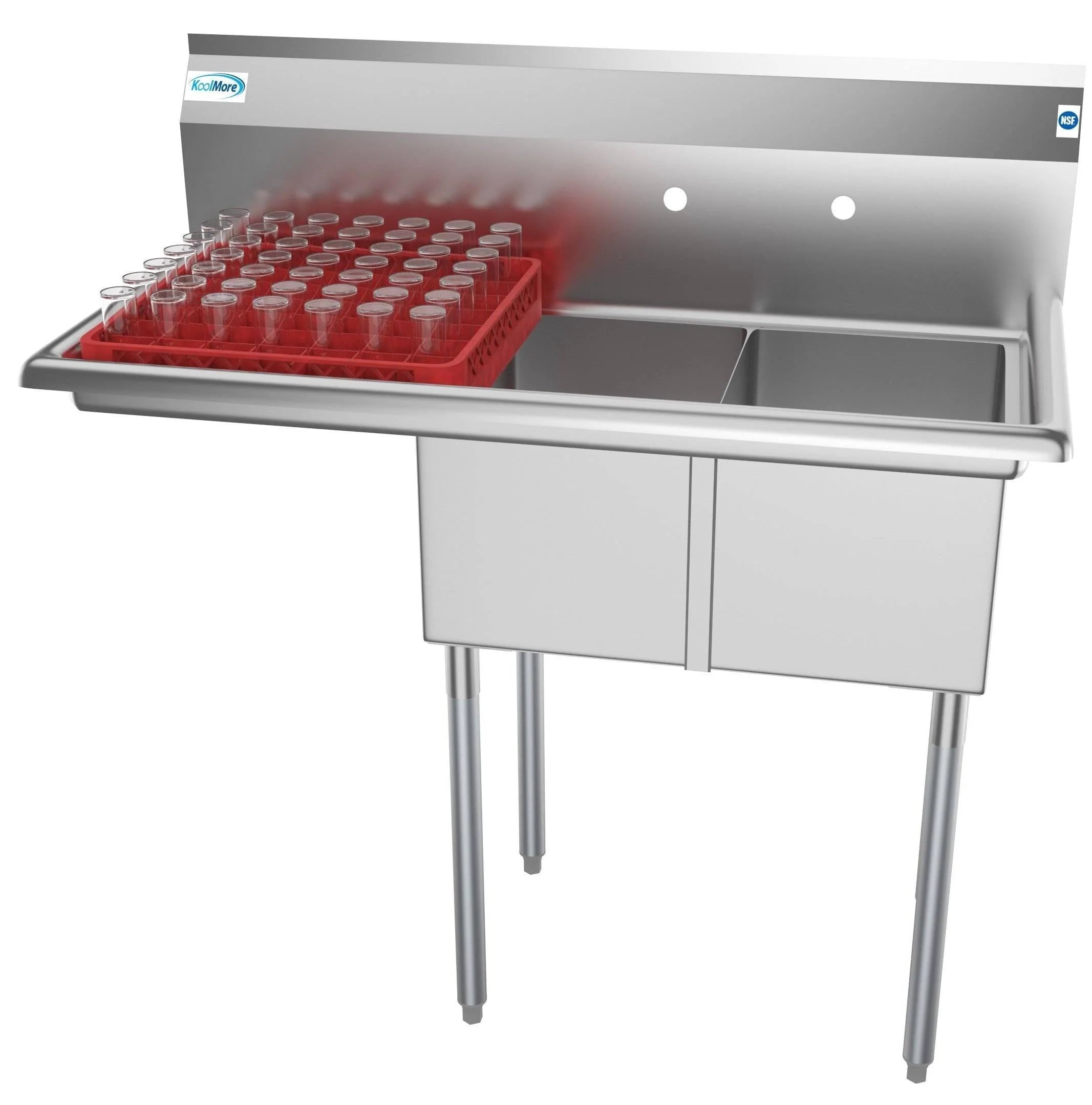 72b4a3dec8da235fef1d83810ec35c316e8e3775ea1a7e86e6378a92c968065b 43 in. Freestanding 2 Compartments Sink with Drainboard, Silver