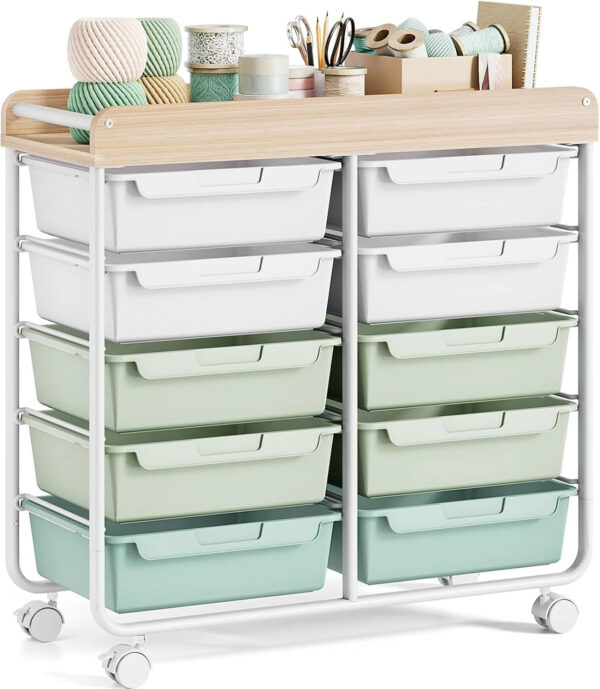 Rolling Storage Cart with 10 Large Drawers, Utility Cart with Wooden TableTop for Craft Organizers, Art Supply Storage, Home Office Organization,...