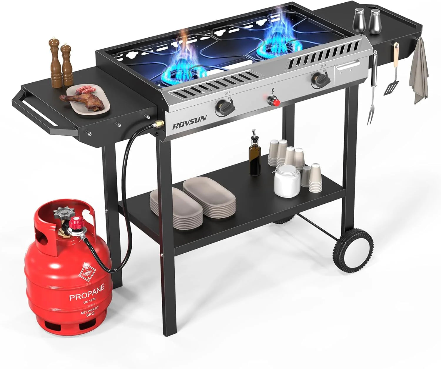 73beb068fef1e5dec95e01c1ddcdf209548939fea1f0f1234e0e1bc27081994d 2 Burner Outdoor Propane Gas Stove with Griddle, Auto-ignition, Regulator & Side Shelves, 150,000 BTU Powerful Stand Cooker for Backyard Cooking...
