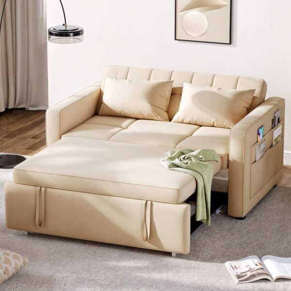DWVO 3-in-1 Convertible Sofa Bed, 55" Sleeper Sofa with Pull-Out Bed, Cat-Scratch-Proof Fabric Futon Couch with Adjustable Backrest and Side...