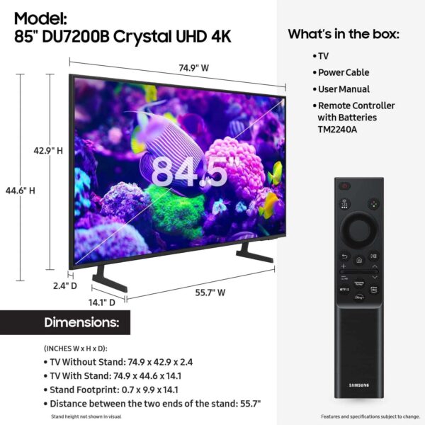 Samsung 85 Crystal UHD 4K Smart TV DU7200B with PurColor, HDR, and Tizen OS 2024 Model