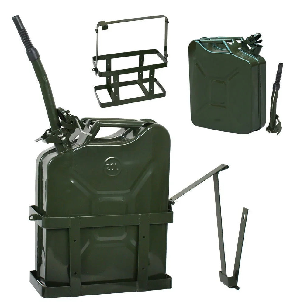 763b4cc62895abe707b5527669d725f3bac2a1c0943e5440dde55bab3c98b4a0 Jerry Can with Holder 20L Liter 5 Gallons - Steel Tank Gasoline Green