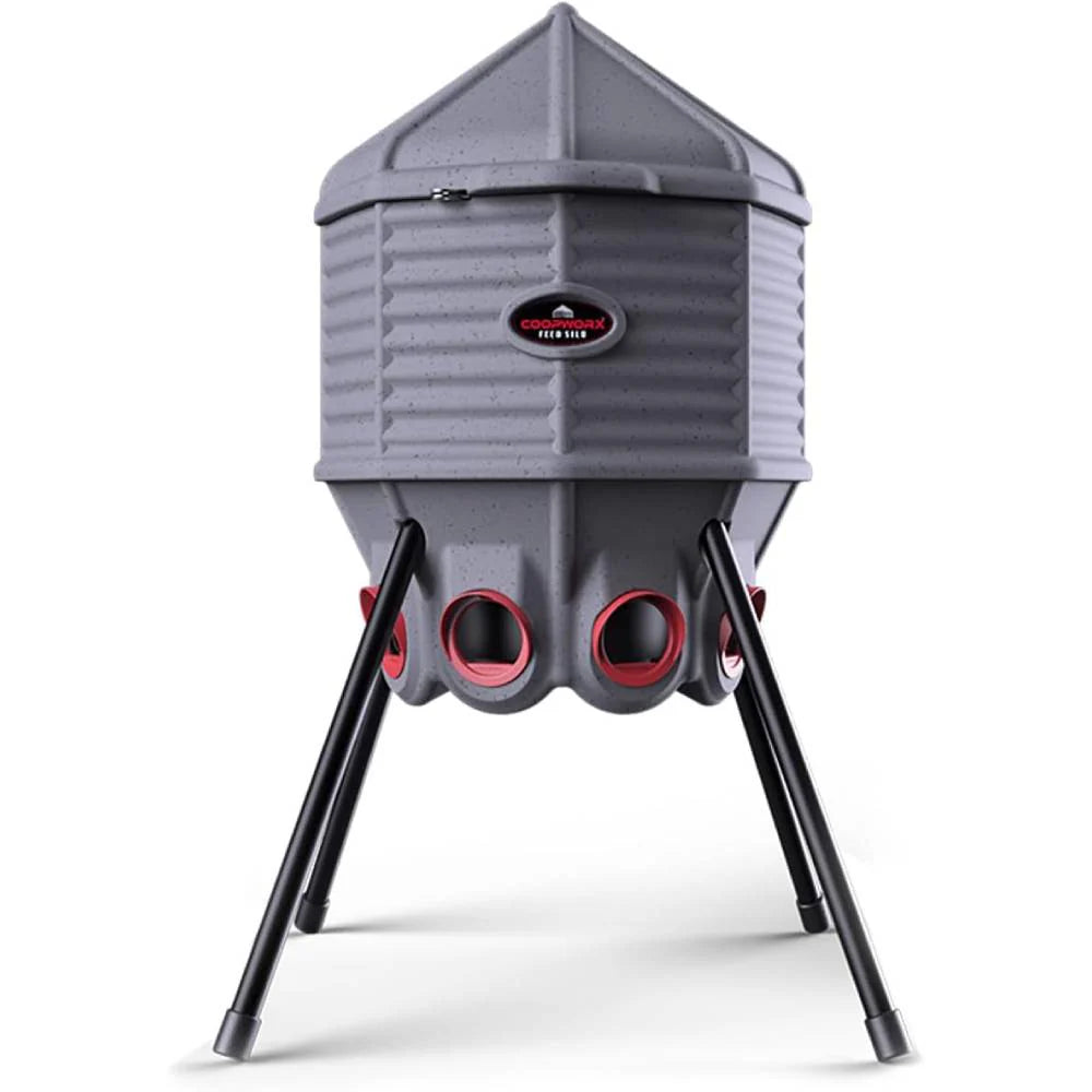76480e1b7f7261b61dd3a69726b4f1beb504444959ec79253da81e971eb52f5f 80lb Poultry Feeder, Adjustable Height, UV Stable, Weather Resistant, 8 Ports, Made in USA
