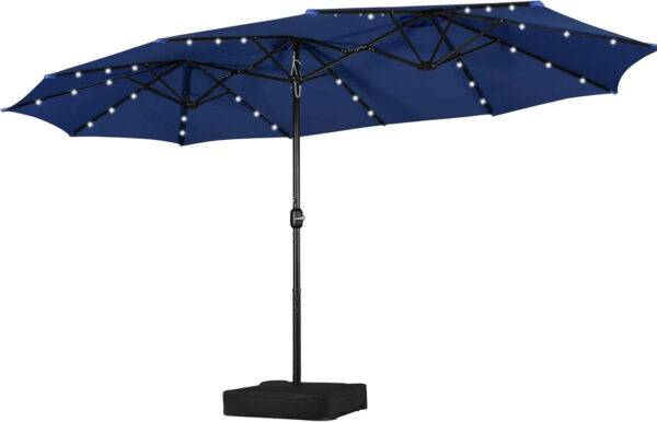 15 ft Large Patio Umbrella with Solar Lights Double-Sided Outdoor Rectangle Market Umbrellas with 36 LED Lights/Base Included/Easy Crank for Patio...