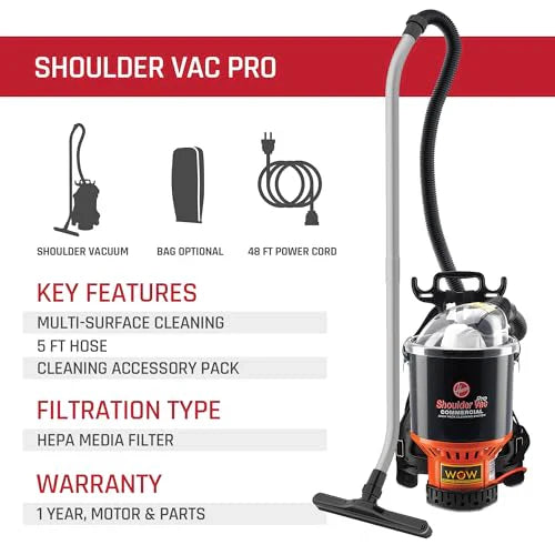 Hoover Commercial Shoulder Vac Pro Backpack Bagged Vacuum Cleaner, with HEPA Media Filter, Lightweight with Extra Long Cord, Chiropractic Design,...
