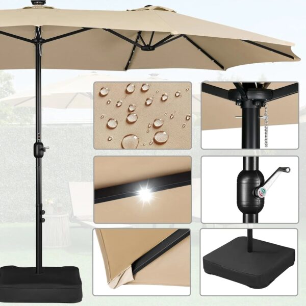 15 ft Large Patio Umbrella with Solar Lights Double-Sided Outdoor Rectangle Market Umbrellas with 36 LED Lights/Base Included/Easy Crank for Patio...