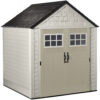 Rubbermaid 7 7 Ft Durable Weather Resistant Resin Outdoor Garden Storage Shed with Windows and Utility Hooks, Sand