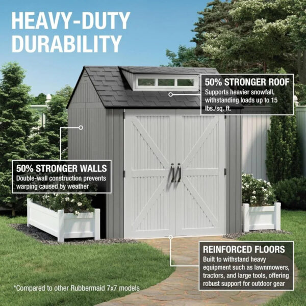 Rubbermaid Resin Outdoor Storage Shed With Floor (7 x 7 Ft) Weather Resistant Gray Organization for Home/Backyard/Garden Tools/Lawn Mower/Bike...