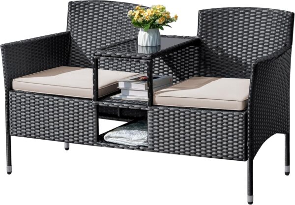 Flamaker Outdoor Furniture Patio Loveseat Wicker 2-Seat with Built-in Table and Cushions Rattan Porch Chairs Bench for Balcony, Lawn, Backyard (Beige)