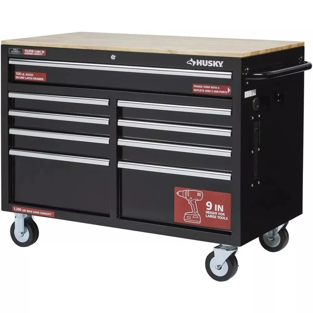 7edc9c975c5b0834cdb4ac570d5fe68264c57583afbc2eb99c43e3bba8bc54b1 46 in. W x 24 in. D 9-Drawer Gloss Black Deep Tool Chest Mobile Workbench